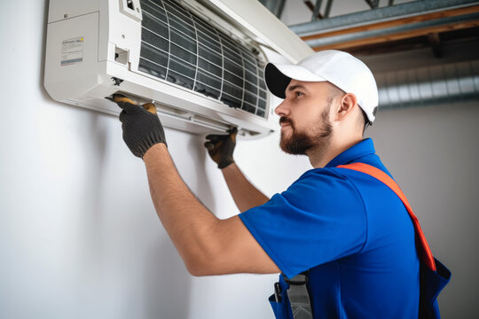 HVAC technician installing a mini split air conditioner in Lomita