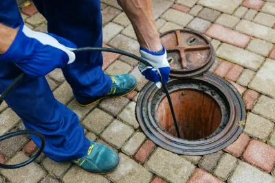 Plumber cleaning an outdoor sewer drain in Lomita