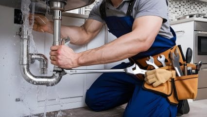 Plumber repairing pipes beneath a sink in Lomita